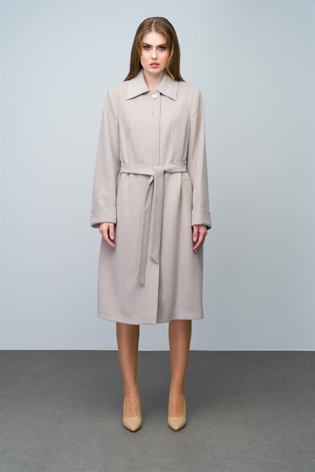 Shirt Collar Brooch and Point Detailed Plus Size Coat STONE 3011