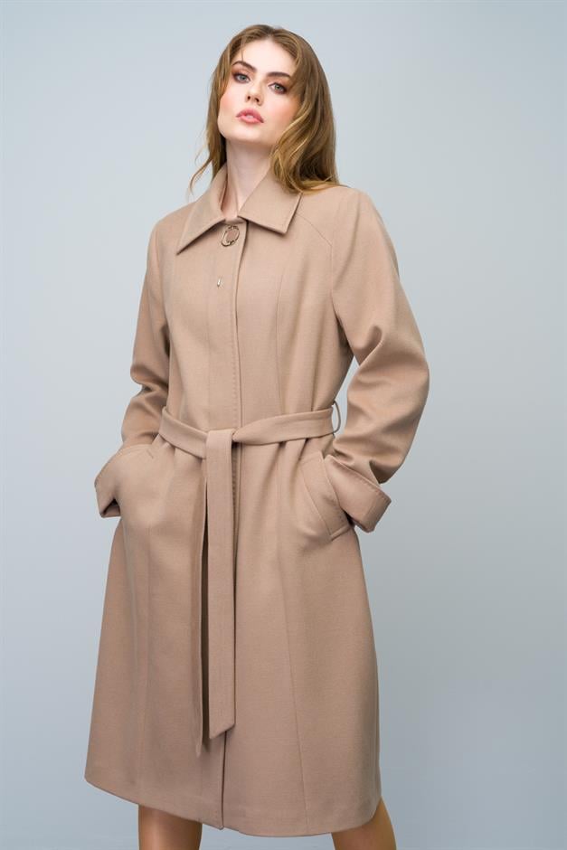 Shirt Collar Brooch and Point Detailed Plus Size Coat K. KAMEL 3011