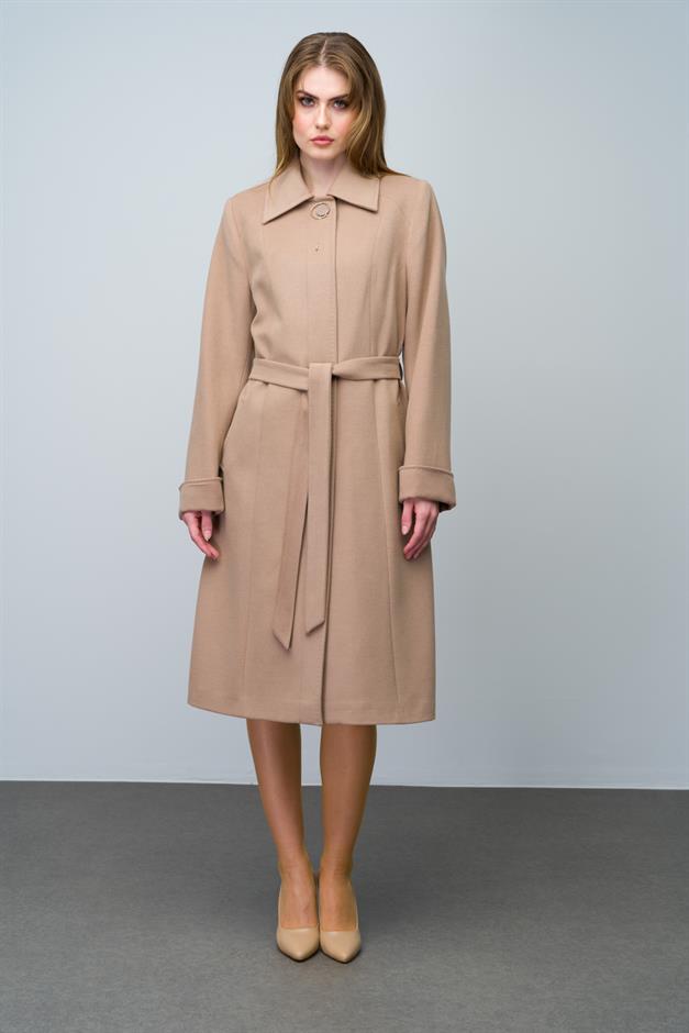 Shirt Collar Brooch and Point Detailed Plus Size Coat K. KAMEL 3011