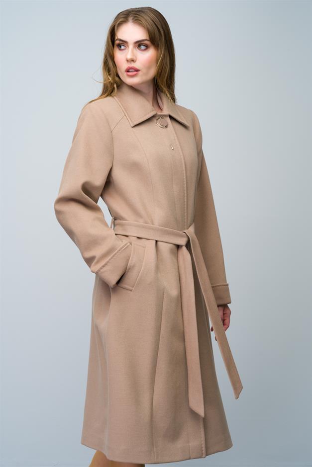 Shirt Collar Brooch and Point Detailed Plus Size Coat K. KAMEL 3011