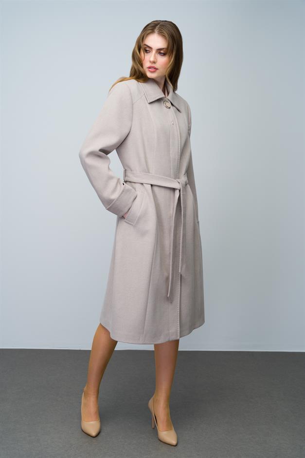 Shirt Collar Brooch and Point Detailed Plus Size Coat STONE 3011