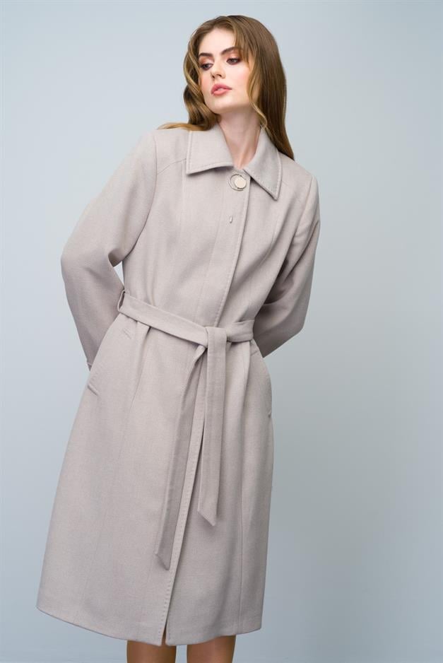 Shirt Collar Brooch and Point Detailed Plus Size Coat STONE 3011