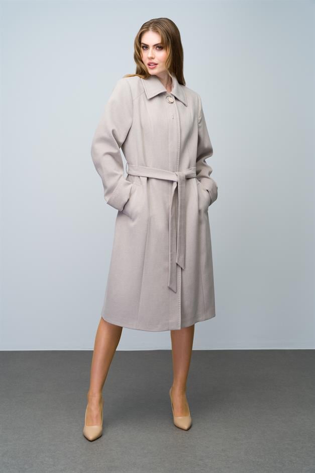 Shirt Collar Brooch and Point Detailed Plus Size Coat STONE 3011