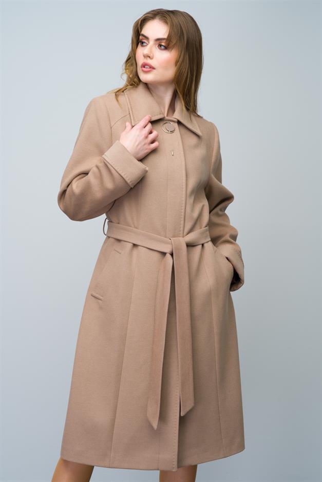 Shirt Collar Brooch and Point Detailed Plus Size Coat K. KAMEL 3011