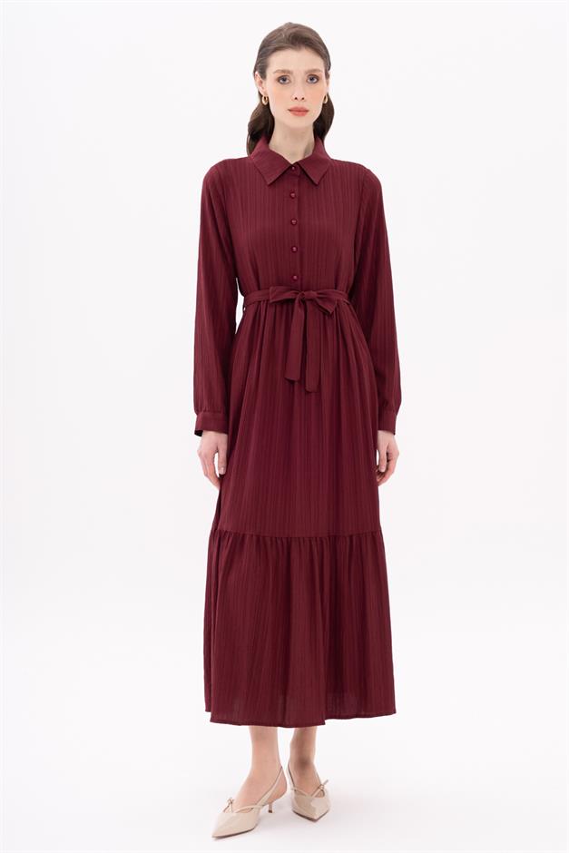 Shirt Collar Dress with Gathered Detail CLARET RED 9325-E