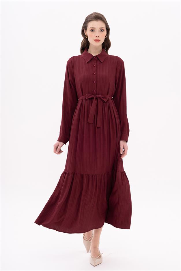Shirt Collar Dress with Gathered Detail CLARET RED 9325-E