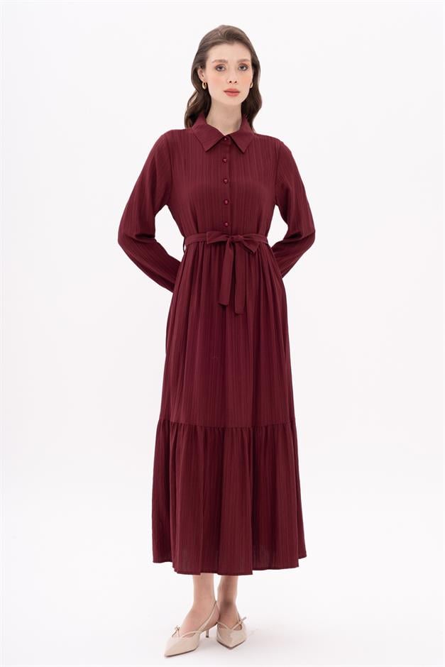 Shirt Collar Dress with Gathered Detail CLARET RED 9325-E
