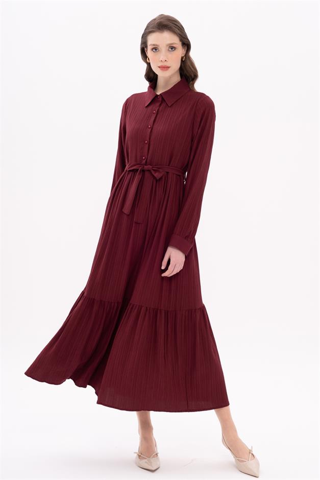 Shirt Collar Dress with Gathered Detail CLARET RED 9325-E