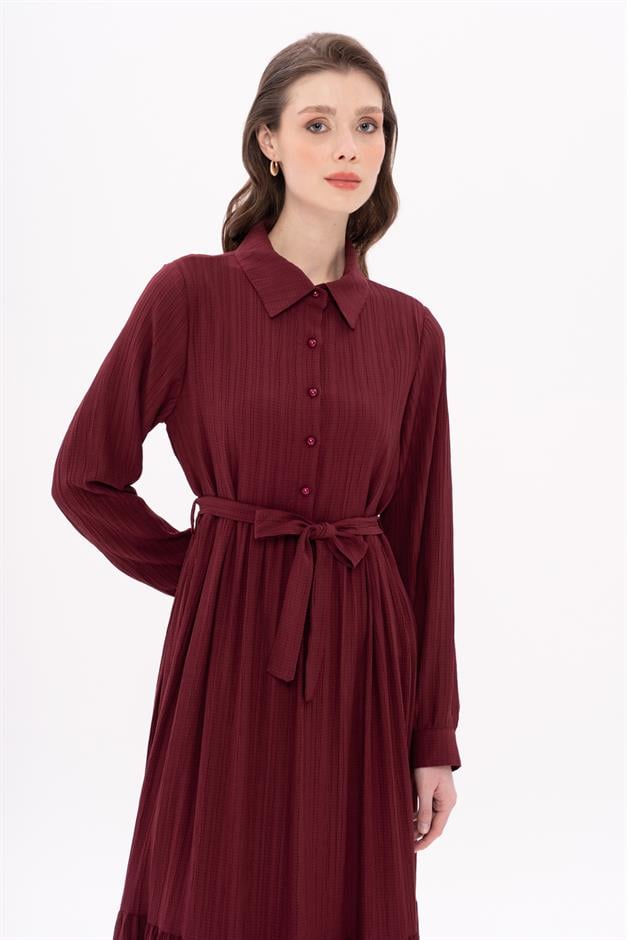 Shirt Collar Dress with Gathered Detail CLARET RED 9325-E