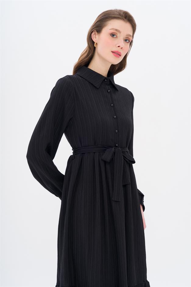 Shirt Collar Dress with Gathered Detail BLACK 9325-E