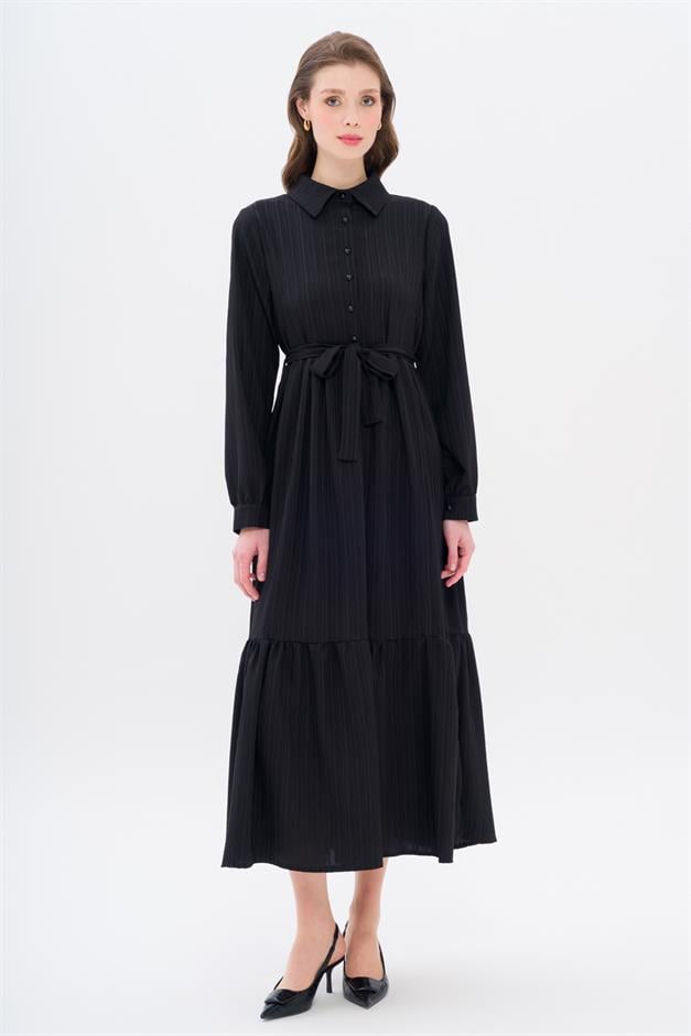 Shirt Collar Dress with Gathered Detail BLACK 9325-E