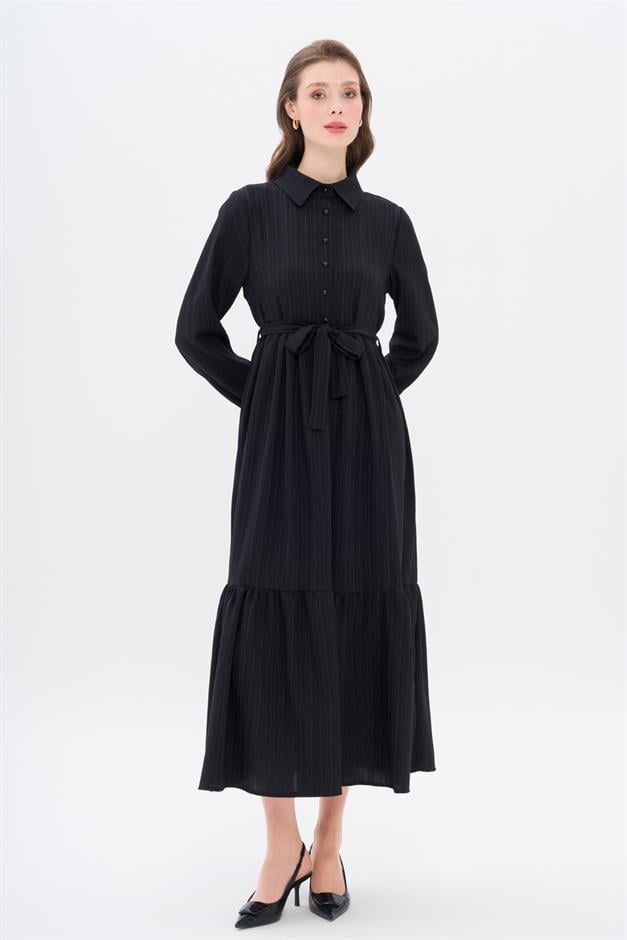 Shirt Collar Dress with Gathered Detail BLACK 9325-E