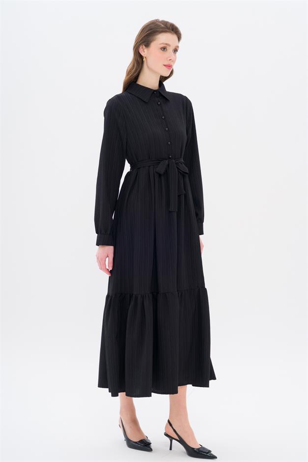 Shirt Collar Dress with Gathered Detail BLACK 9325-E