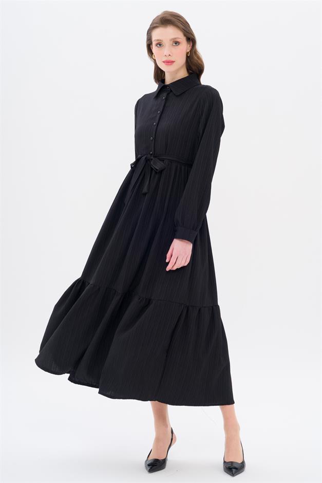 Shirt Collar Dress with Gathered Detail BLACK 9325-E