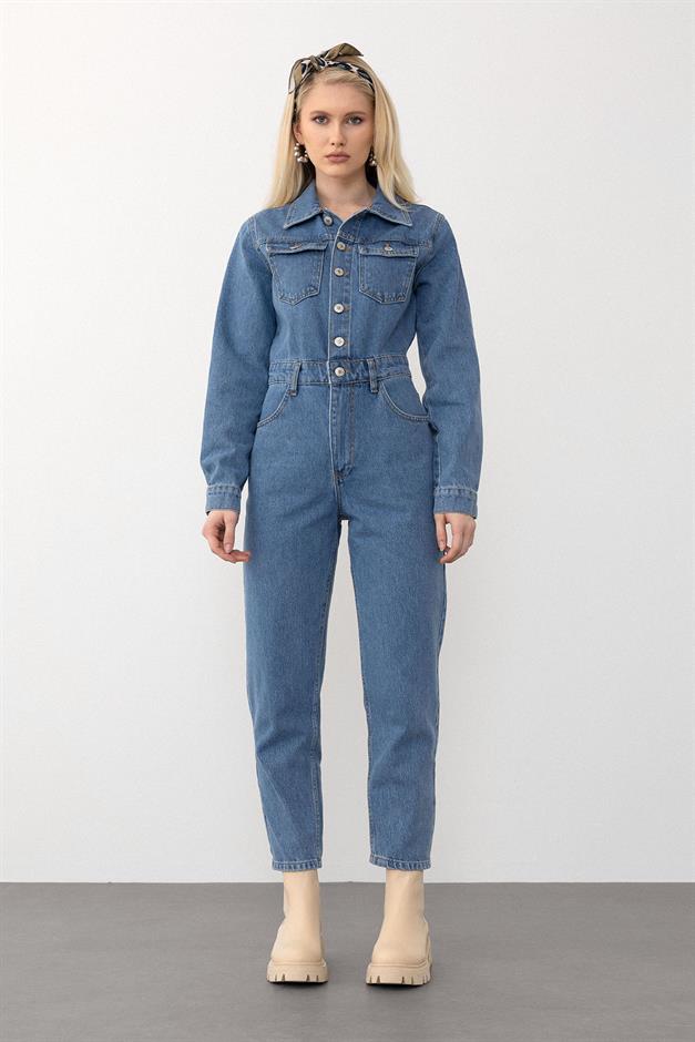 Shirt Collar Pocket Detailed Overalls BLUE 9271