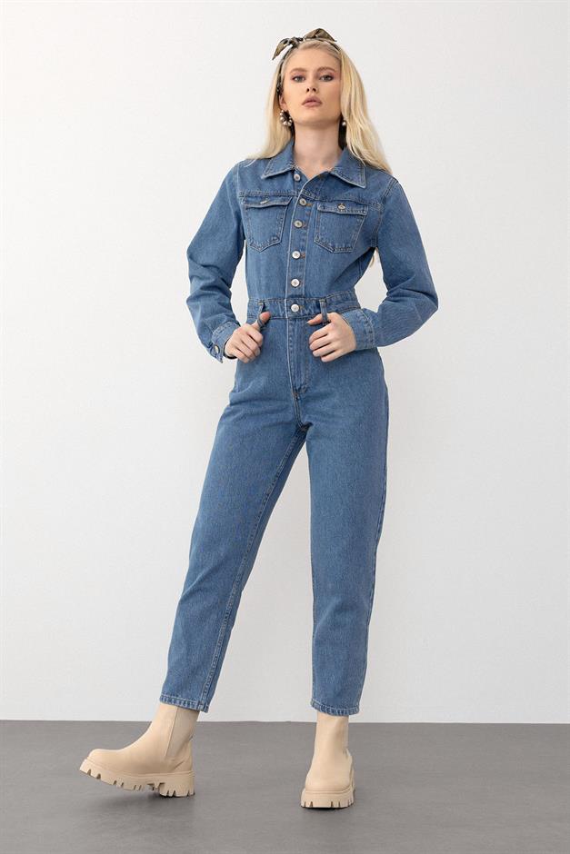 Shirt Collar Pocket Detailed Overalls BLUE 9271