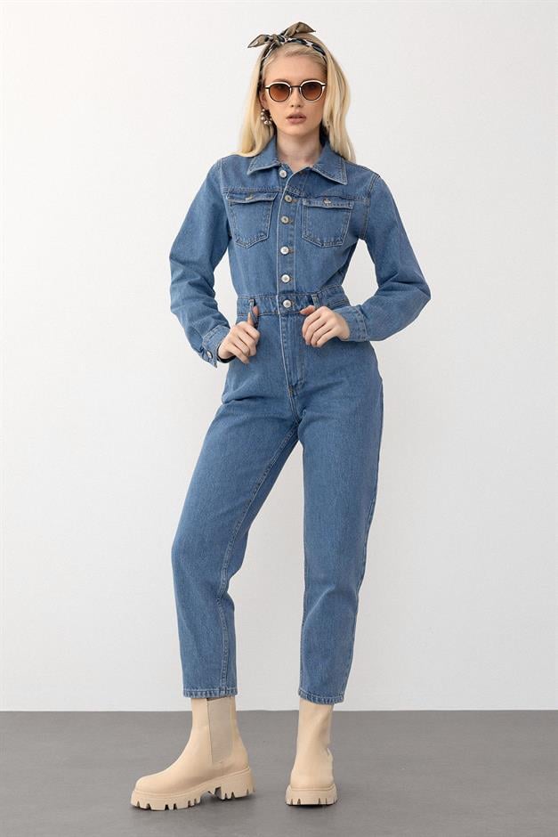 Shirt Collar Pocket Detailed Overalls BLUE 9271