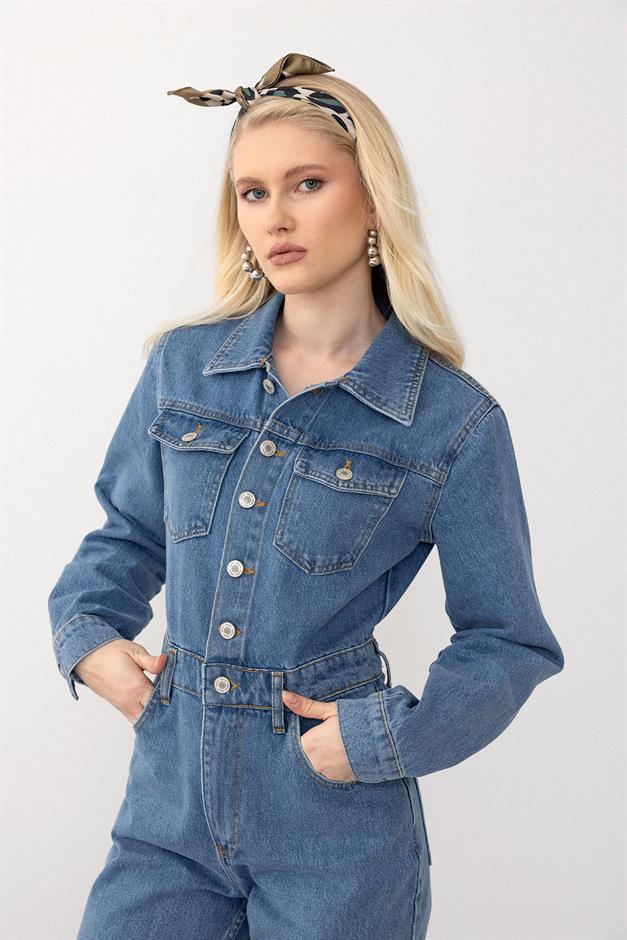 Shirt Collar Pocket Detailed Overalls BLUE 9271