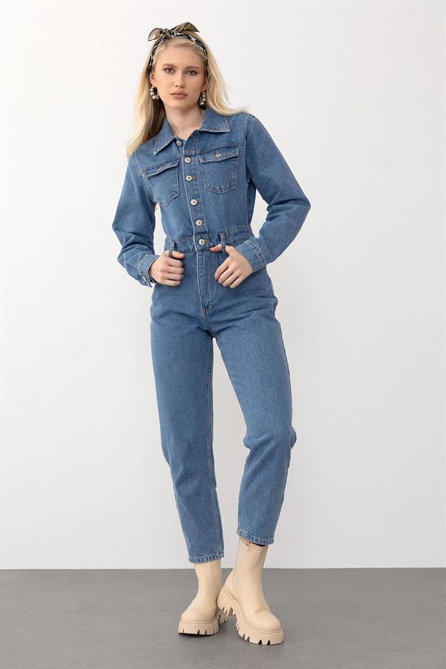 Shirt Collar Pocket Detailed Overalls BLUE 9271