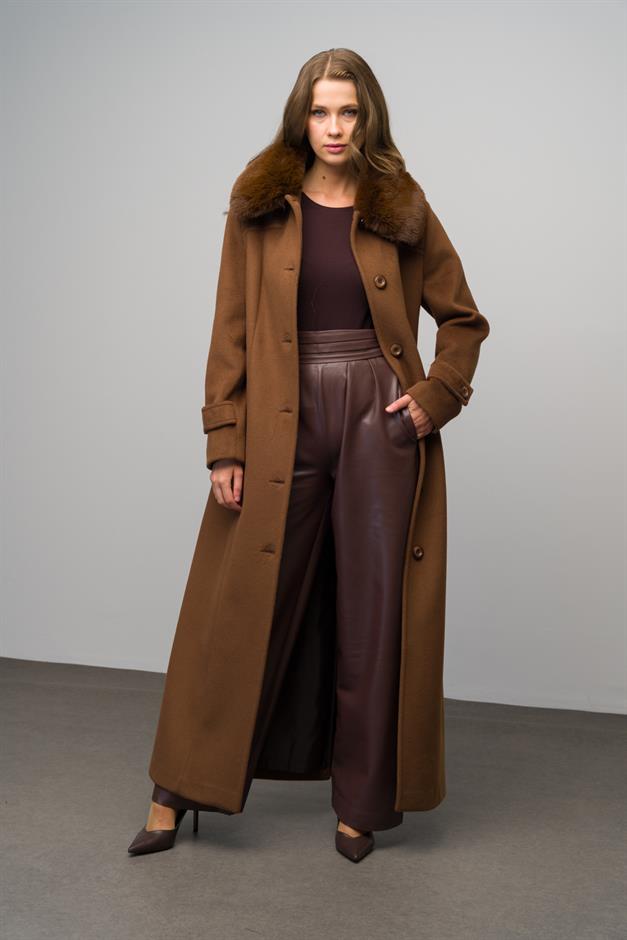 Detachable Fur Coat with Shirt Collar TOBACCO 3071