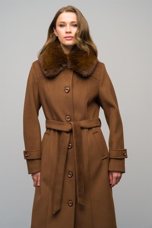 Detachable Fur Coat with Shirt Collar TOBACCO 3071