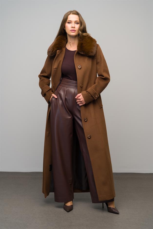Detachable Fur Coat with Shirt Collar TOBACCO 3071