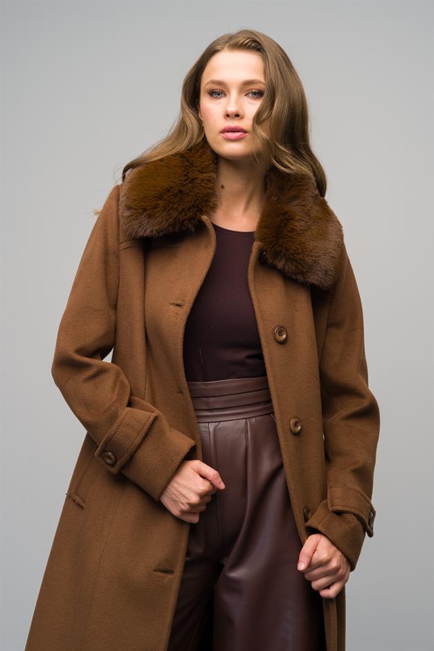 Detachable Fur Coat with Shirt Collar TOBACCO 3071