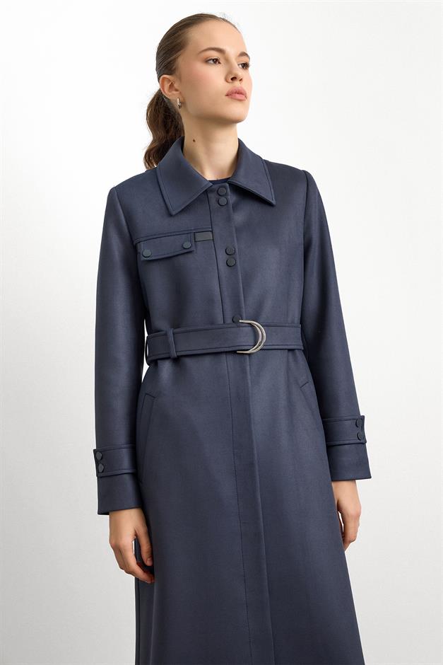 Gömlek Yaka Çıt Çıt ve Deri Detaylı Gabardin Süet Pardesü LACİVERT 6799