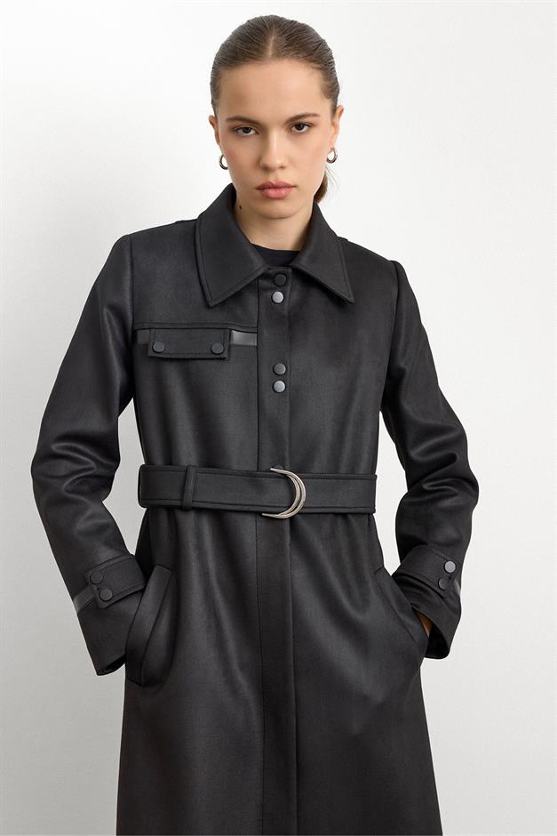 Gömlek Yaka Çıt Çıt ve Deri Detaylı Gabardin Süet Pardesü SİYAH 6799