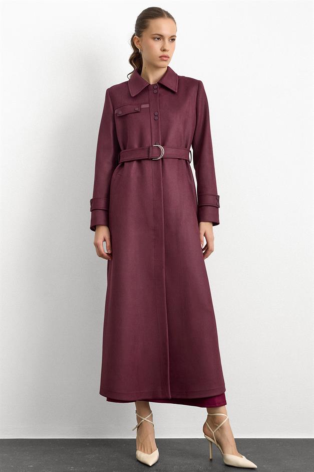 Gömlek Yaka Çıt Çıt ve Deri Detaylı Gabardin Süet Pardesü BORDO 6799