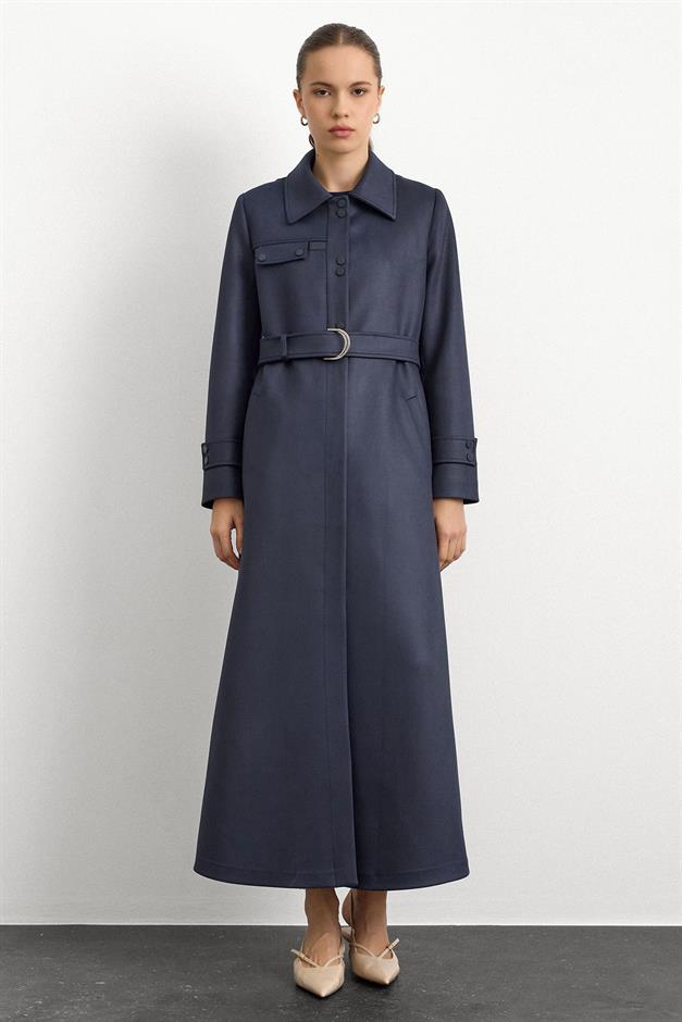 Gömlek Yaka Çıt Çıt ve Deri Detaylı Gabardin Süet Pardesü LACİVERT 6799