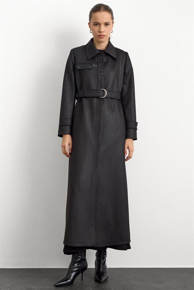 Gömlek Yaka Çıt Çıt ve Deri Detaylı Gabardin Süet Pardesü SİYAH 6799