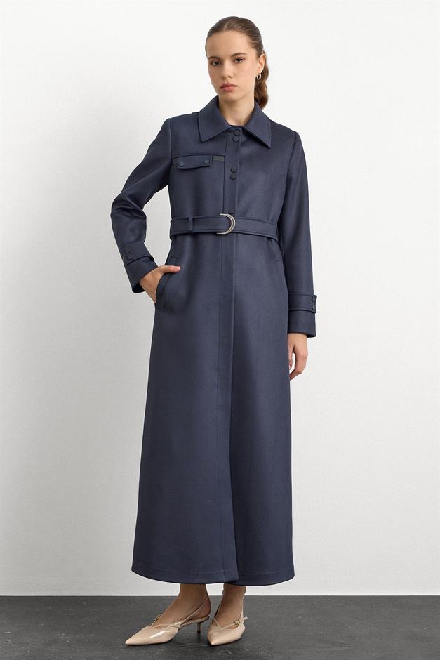 Gömlek Yaka Çıt Çıt ve Deri Detaylı Gabardin Süet Pardesü LACİVERT 6799