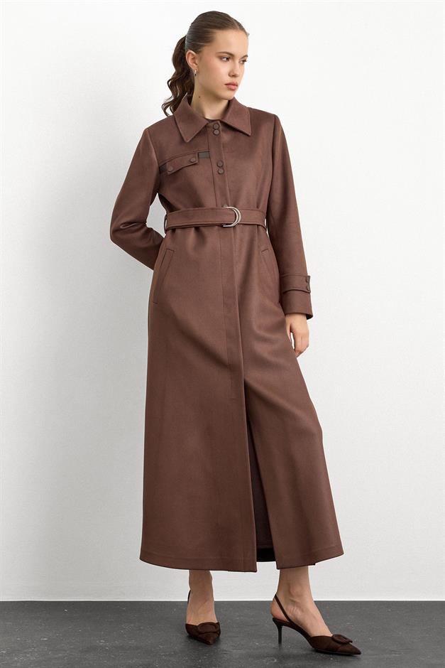 Gömlek Yaka Çıt Çıt ve Deri Detaylı Gabardin Süet Pardesü KAHVE 6799