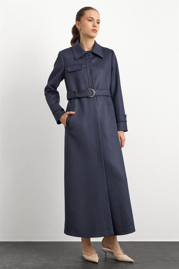 Gömlek Yaka Çıt Çıt ve Deri Detaylı Gabardin Süet Pardesü LACİVERT 6799