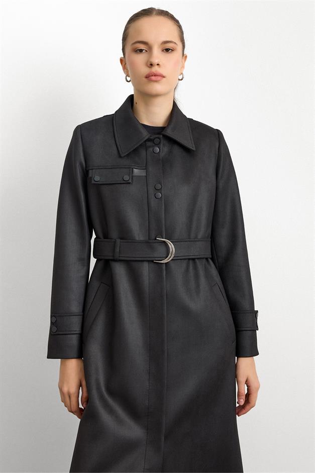 Gömlek Yaka Çıt Çıt ve Deri Detaylı Gabardin Süet Pardesü SİYAH 6799