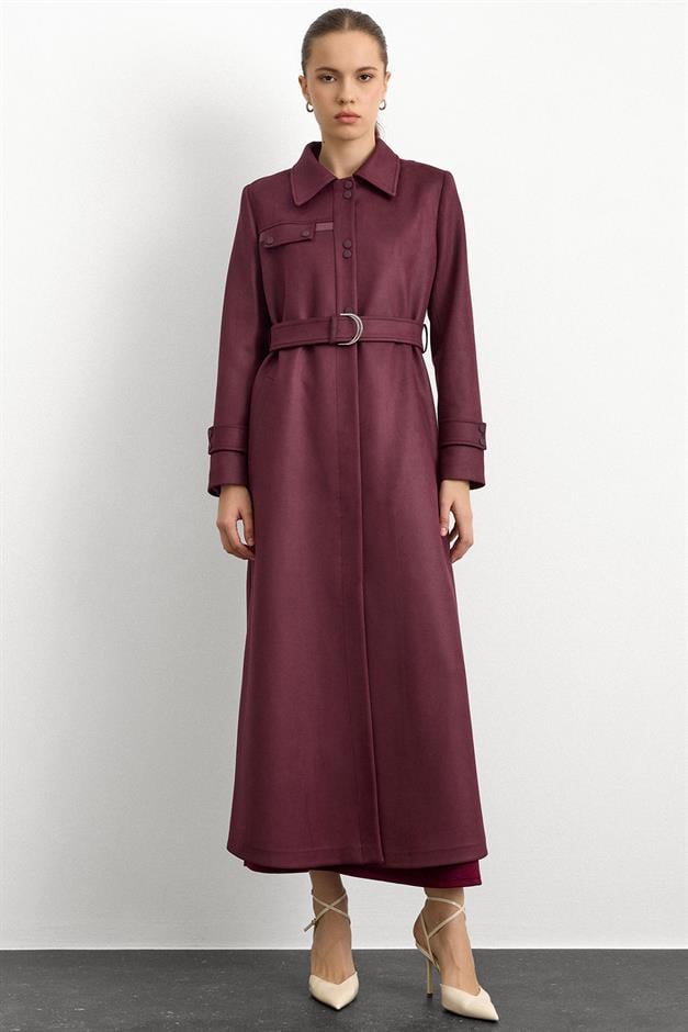 Gömlek Yaka Çıt Çıt ve Deri Detaylı Gabardin Süet Pardesü BORDO 6799
