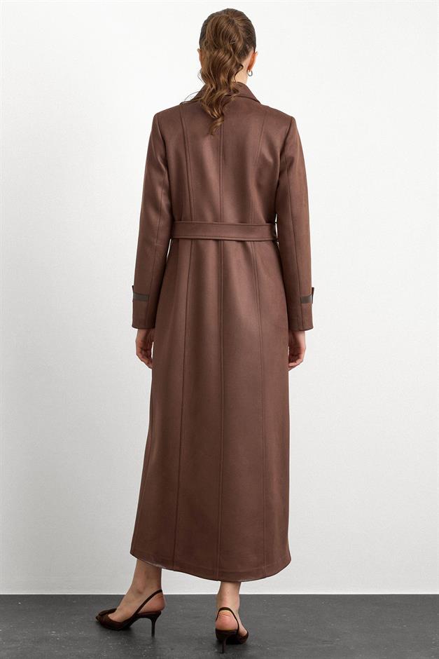 Gömlek Yaka Çıt Çıt ve Deri Detaylı Gabardin Süet Pardesü KAHVE 6799