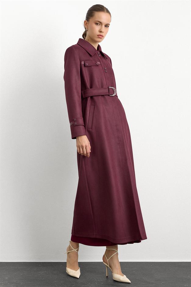Gömlek Yaka Çıt Çıt ve Deri Detaylı Gabardin Süet Pardesü BORDO 6799
