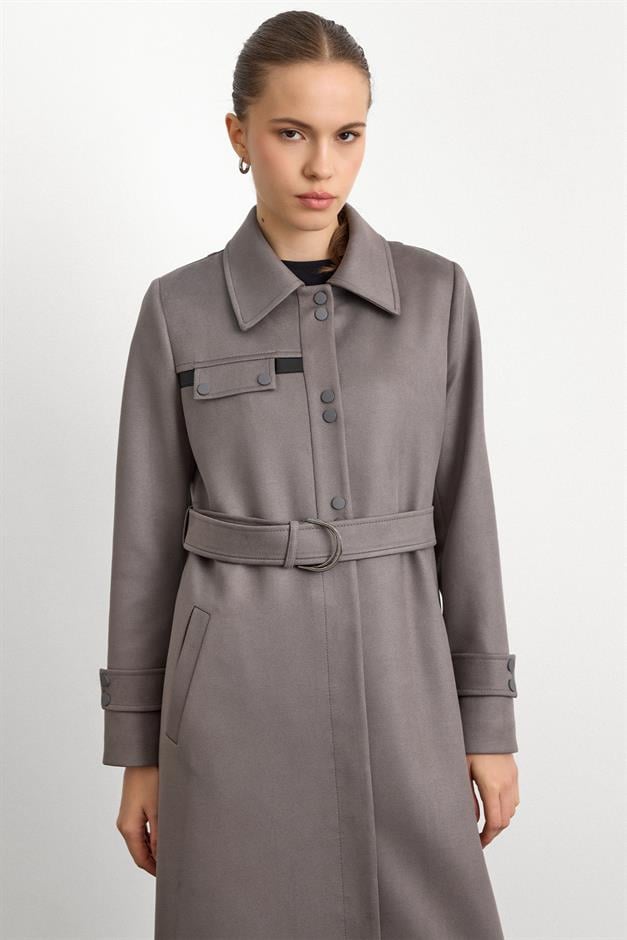 Gömlek Yaka Çıt Çıt ve Deri Detaylı Gabardin Süet Pardesü GRİ 6799