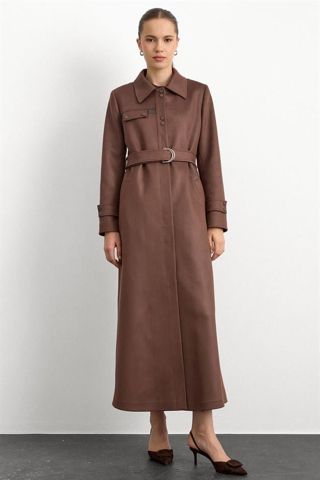 Gömlek Yaka Çıt Çıt ve Deri Detaylı Gabardin Süet Pardesü KAHVE 6799