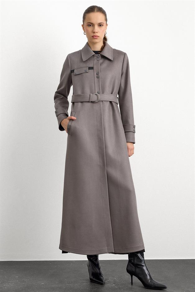 Gömlek Yaka Çıt Çıt ve Deri Detaylı Gabardin Süet Pardesü GRİ 6799