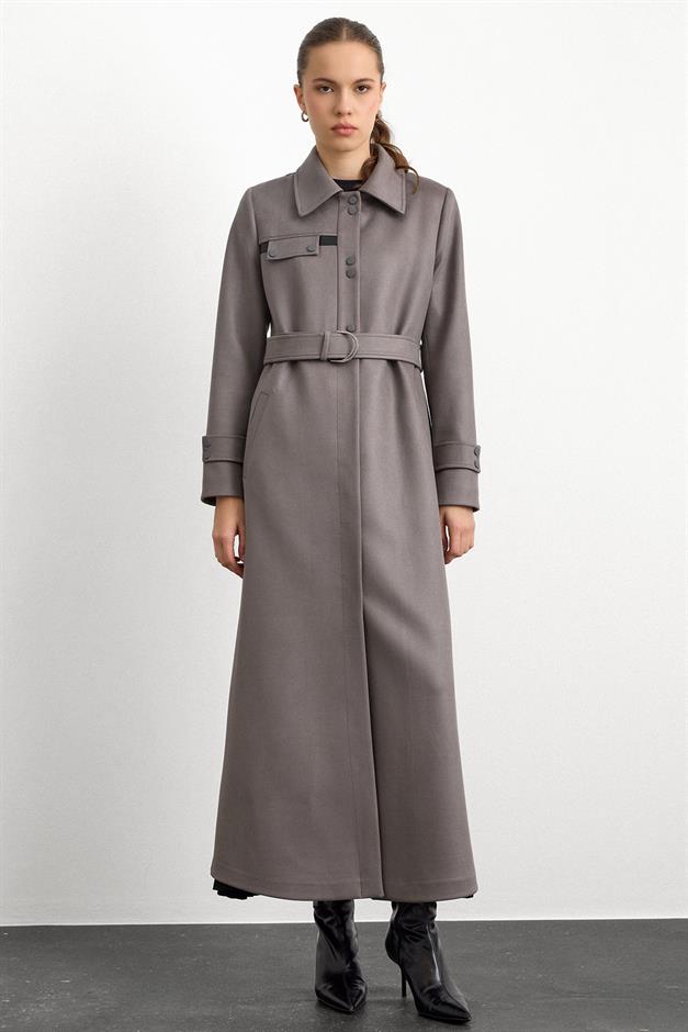 Gömlek Yaka Çıt Çıt ve Deri Detaylı Gabardin Süet Pardesü GRİ 6799