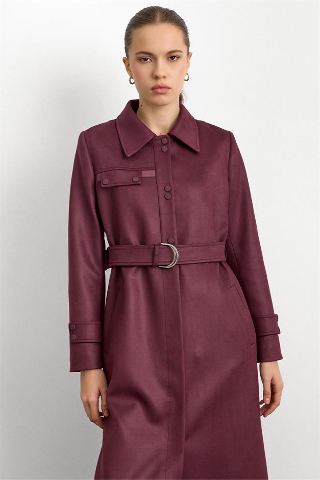 Gömlek Yaka Çıt Çıt ve Deri Detaylı Gabardin Süet Pardesü BORDO 6799