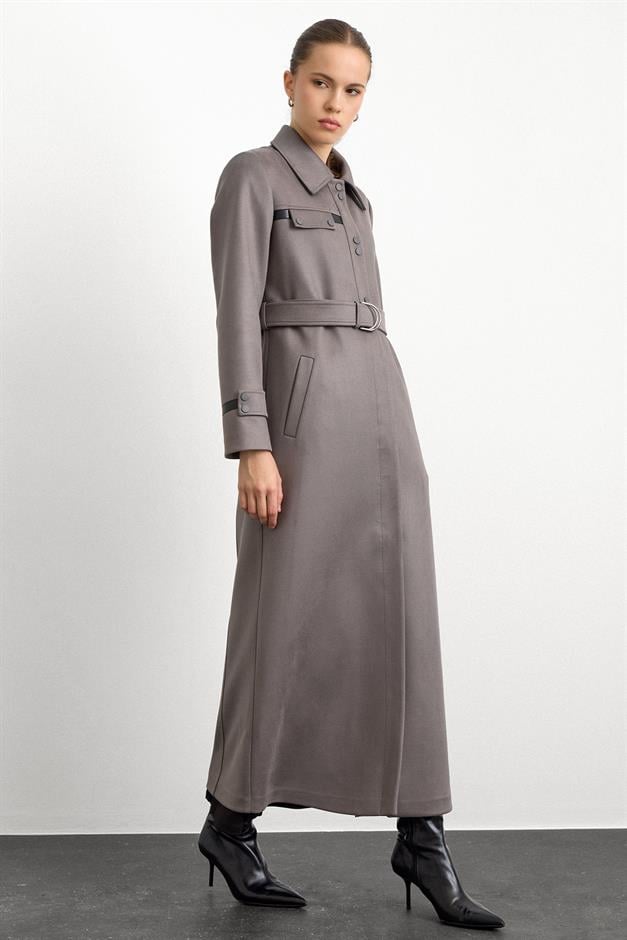 Gömlek Yaka Çıt Çıt ve Deri Detaylı Gabardin Süet Pardesü GRİ 6799