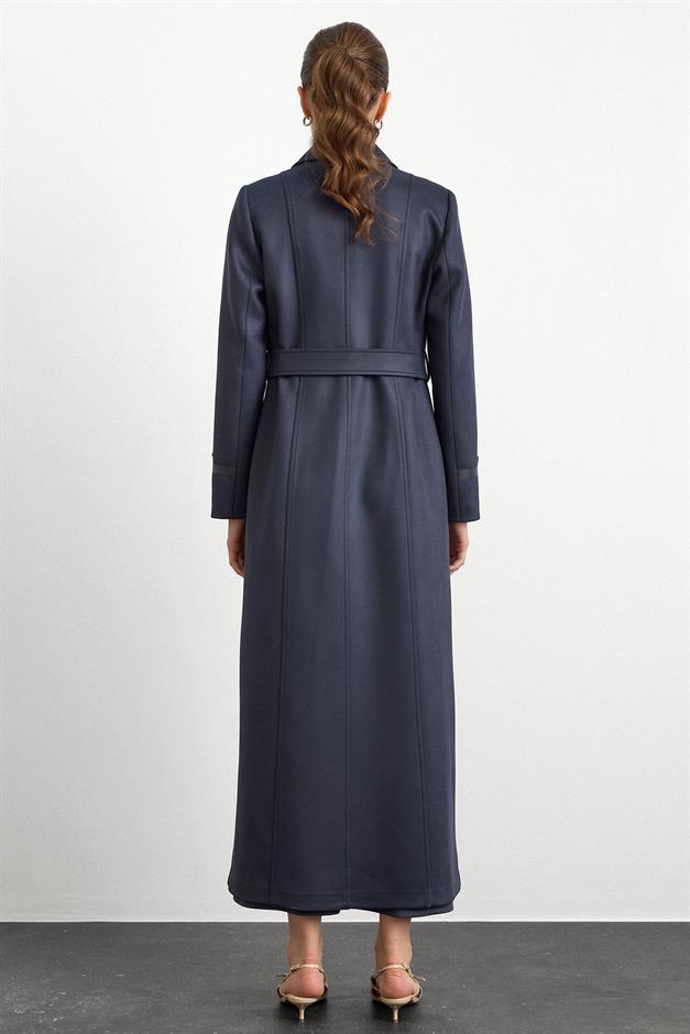 Gömlek Yaka Çıt Çıt ve Deri Detaylı Gabardin Süet Pardesü LACİVERT 6799