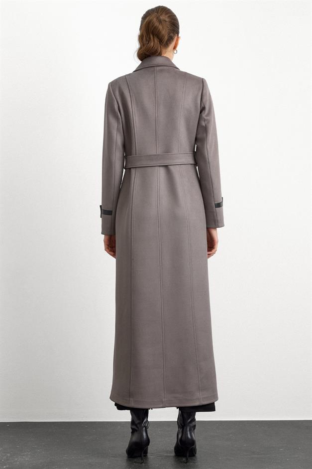 Gömlek Yaka Çıt Çıt ve Deri Detaylı Gabardin Süet Pardesü GRİ 6799