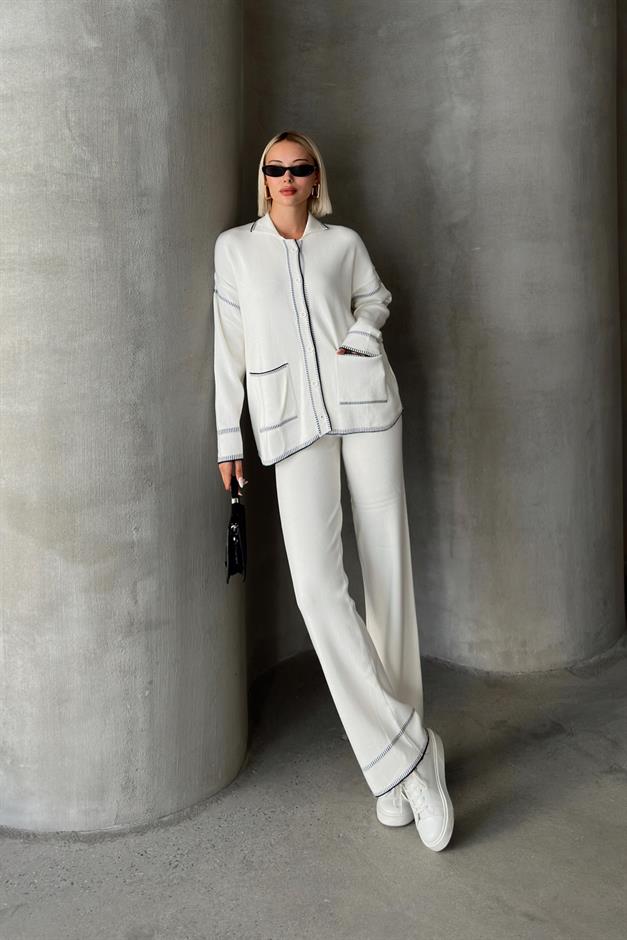 Shirt Collar Shepherd Stitched Two Piece Knitwear Suit IVORY 9239-TK