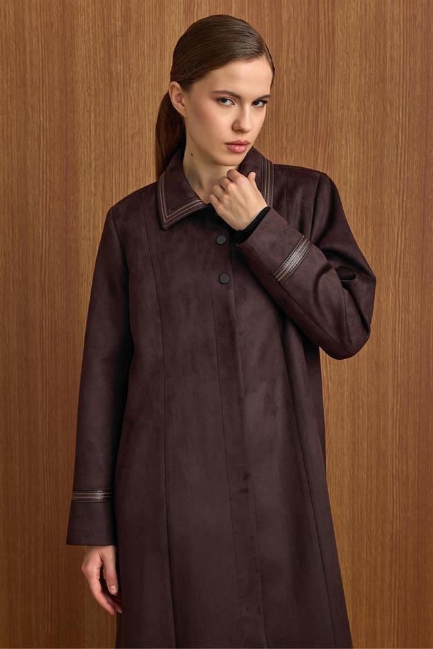 Gömlek Yaka Deri ve İşleme Detaylı Süet Görünümlü Büyük Beden Pardesü K. KAHVE 6798