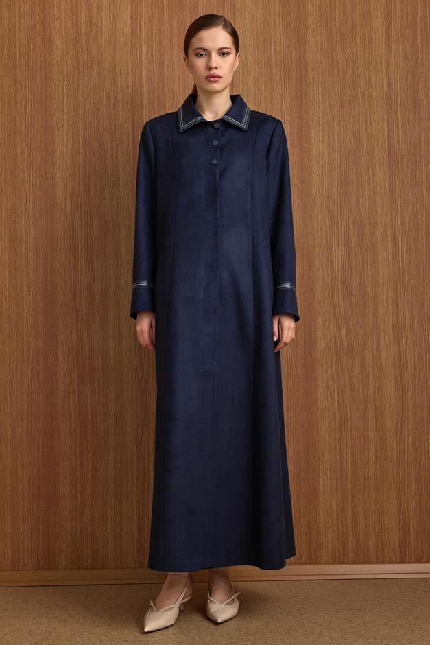 Gömlek Yaka Deri ve İşleme Detaylı Süet Görünümlü Büyük Beden Pardesü LACİVERT 6798